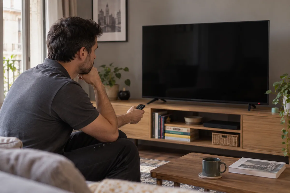 Televisor con pantalla negra y mando a distancia