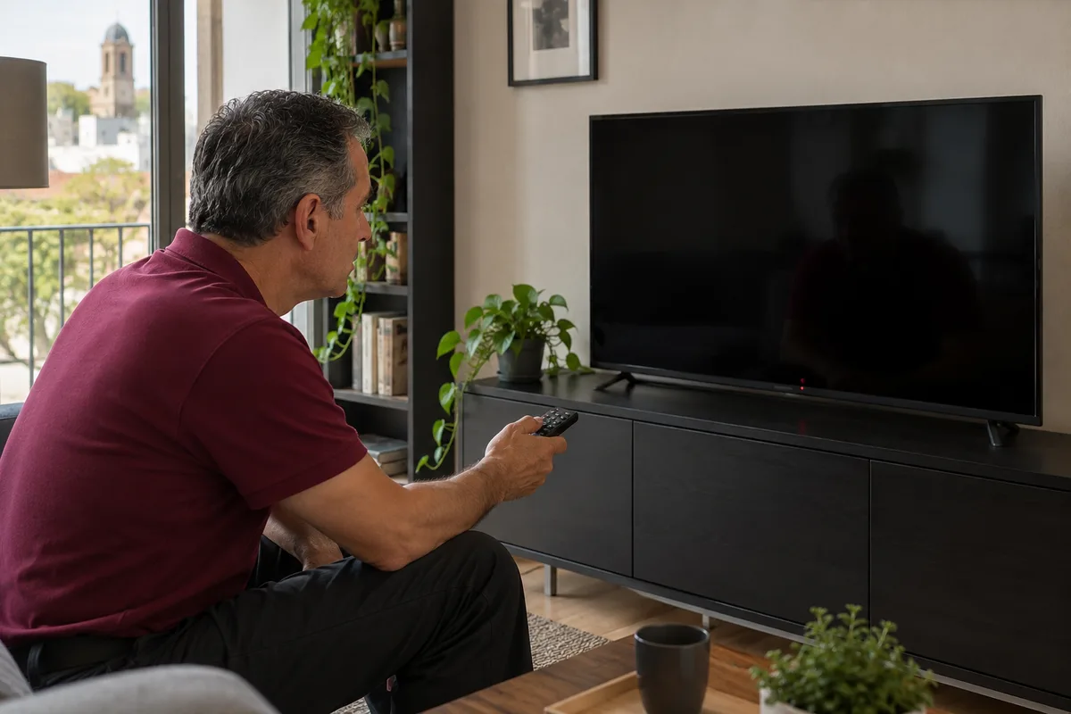 Televisor con pantalla negra y mando a distancia