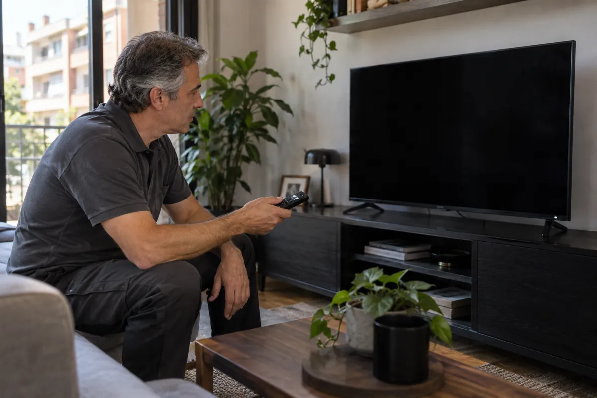 Televisor con pantalla negra y mando a distancia