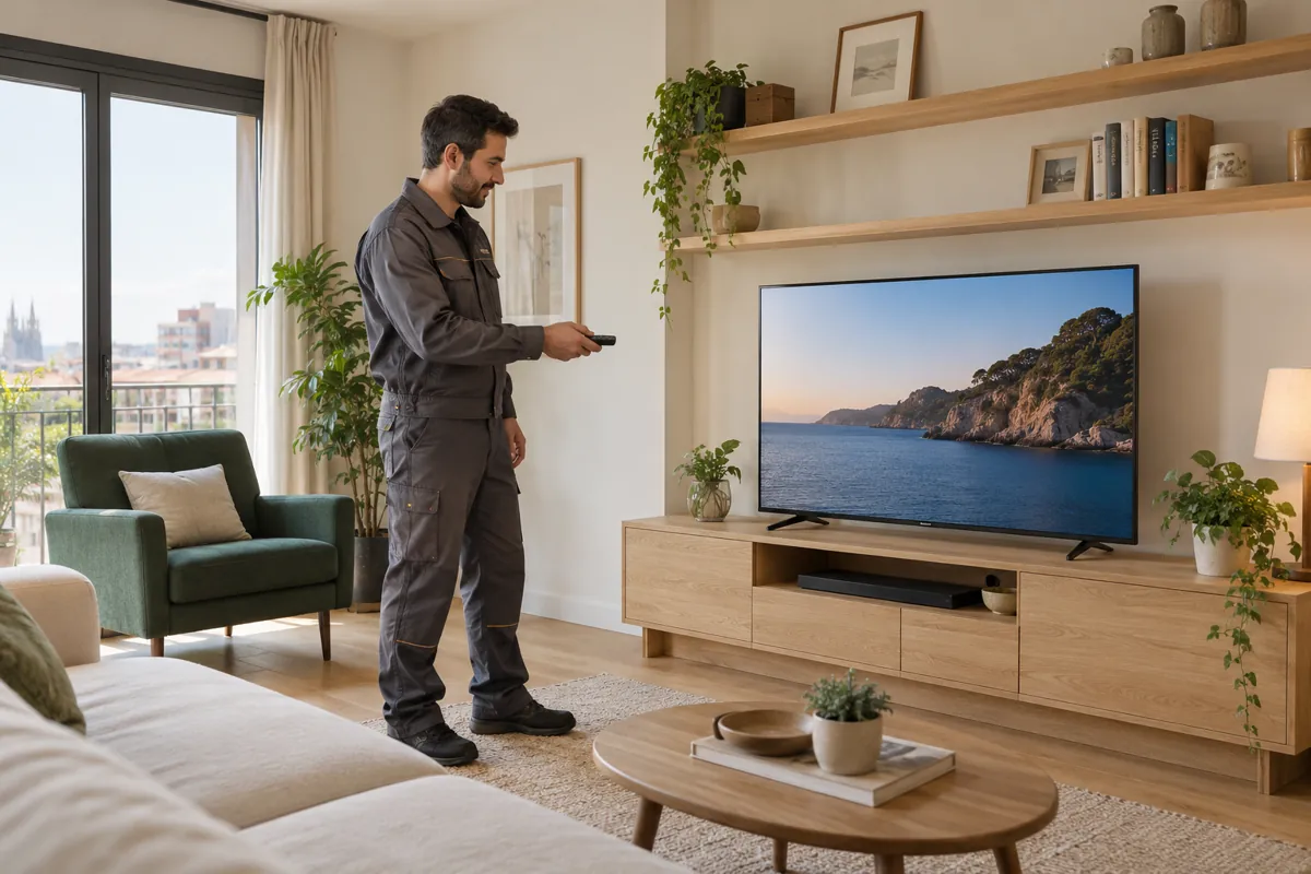 Técnico observando un televisor en un domicilio