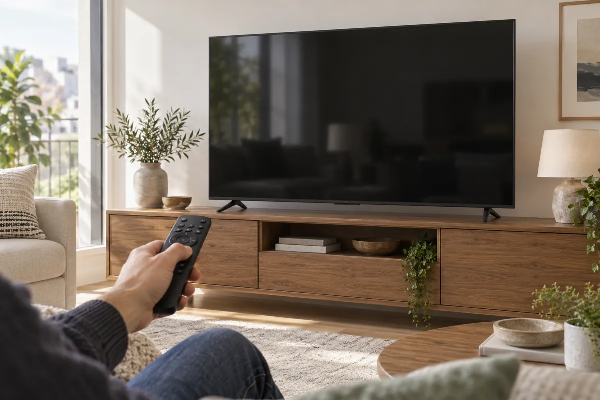 Televisor con pantalla negra y mando a distancia