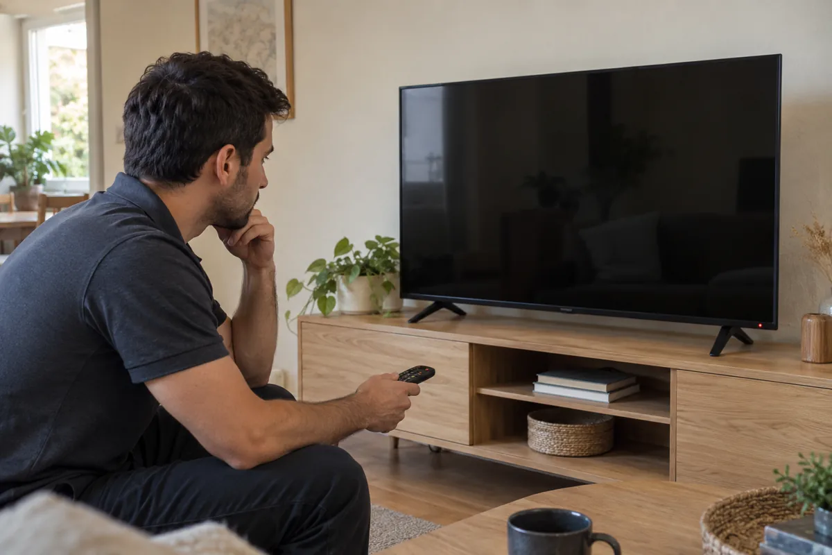 Televisor con pantalla negra y mando a distancia