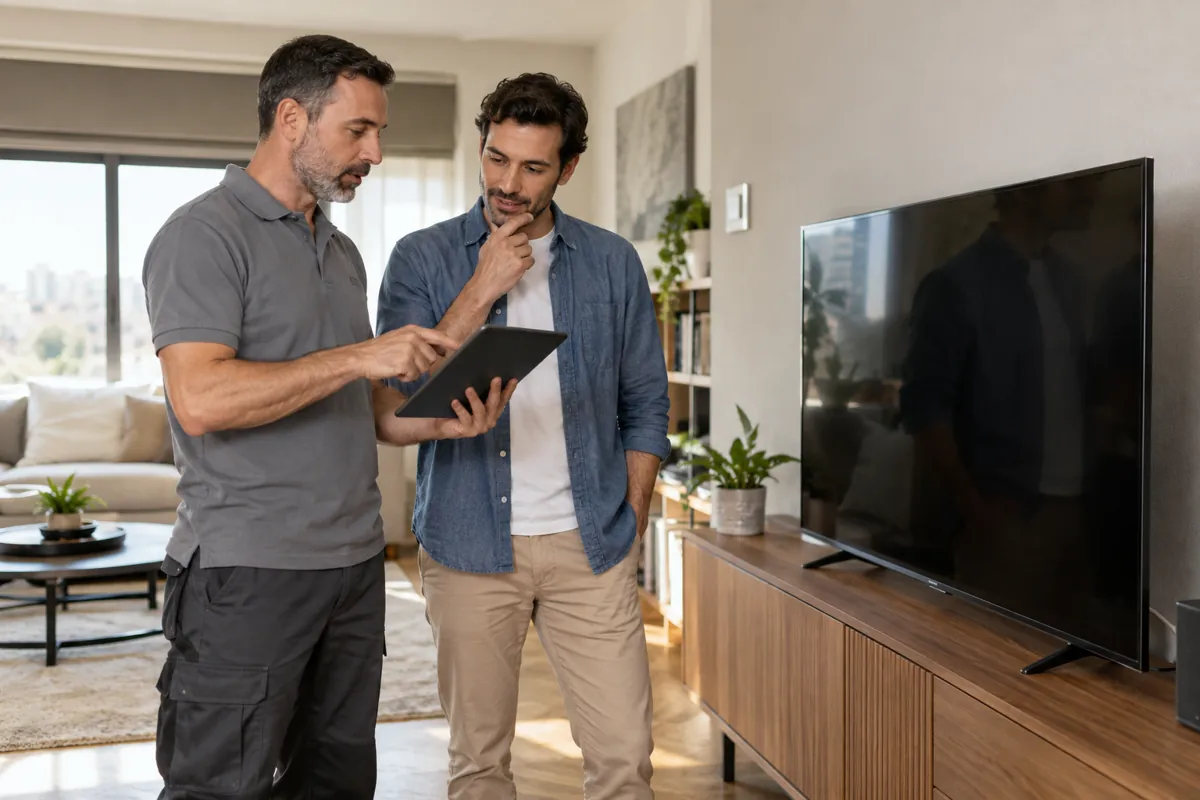 Técnico y cliente comentando opciones junto a un televisor